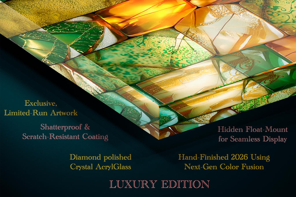 Verdant Ember Mosaic Crystal AcrylGlass Wall Art: Emerald Gold Luxe Panel Decor
