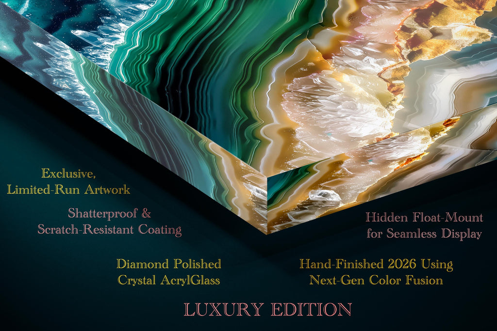 Emerald Abyss Acrylic Glass Wall Art: Deep Teal & Gold Agate Geode