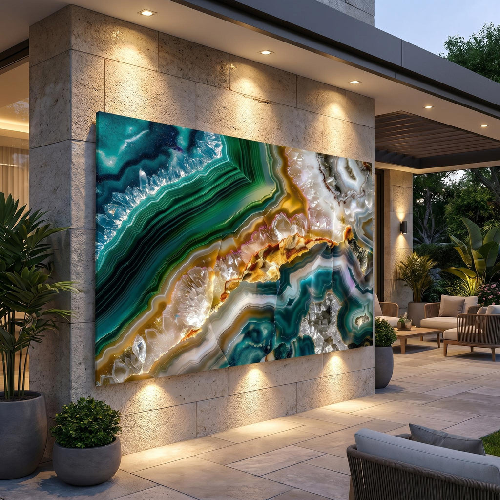 Emerald Abyss Acrylic Glass Wall Art: Deep Teal & Gold Agate Geode