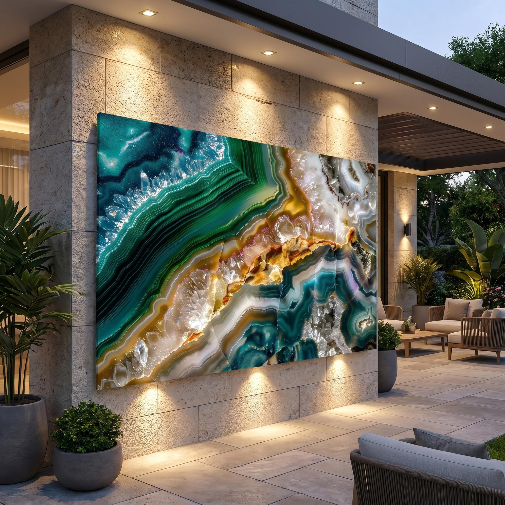 Emerald Abyss Acrylic Glass Wall Art: Deep Teal & Gold Agate Geode