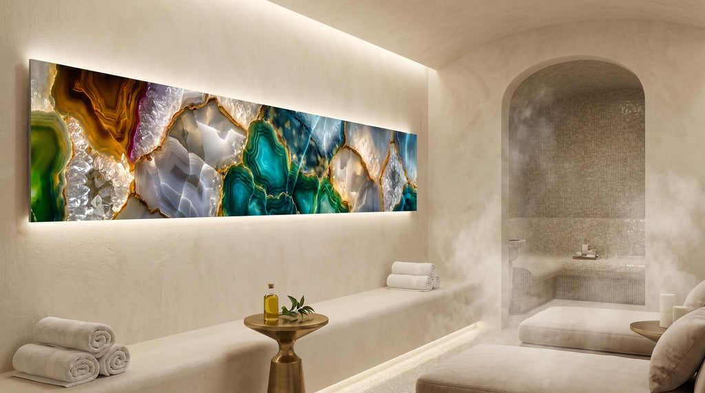 Golden Rift Crystal AcrylGlass Wall Art: Emerald Geode Panoramic Luxe Panel