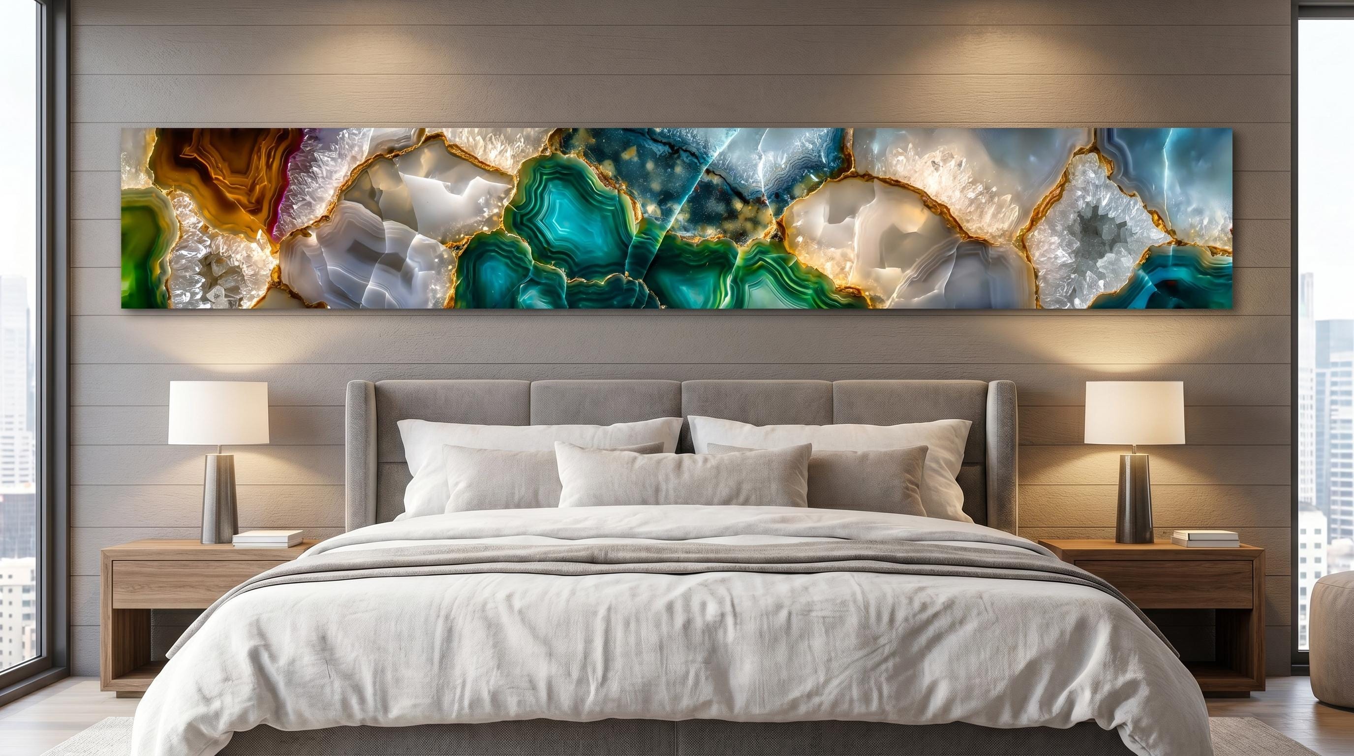 Golden Rift Crystal AcrylGlass Wall Art: Emerald Geode Panoramic Luxe Panel