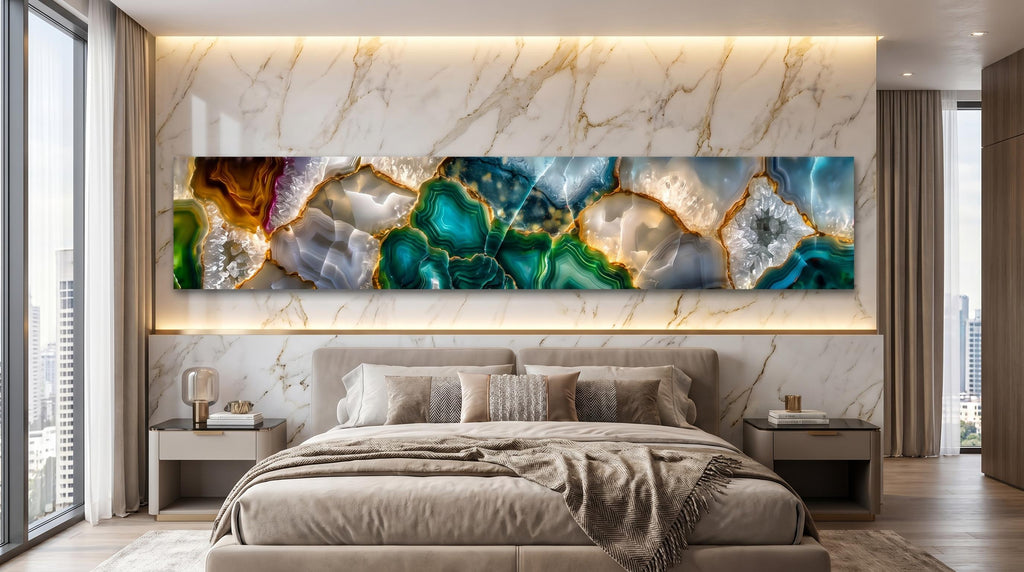Golden Rift Crystal AcrylGlass Wall Art: Emerald Geode Panoramic Luxe Panel