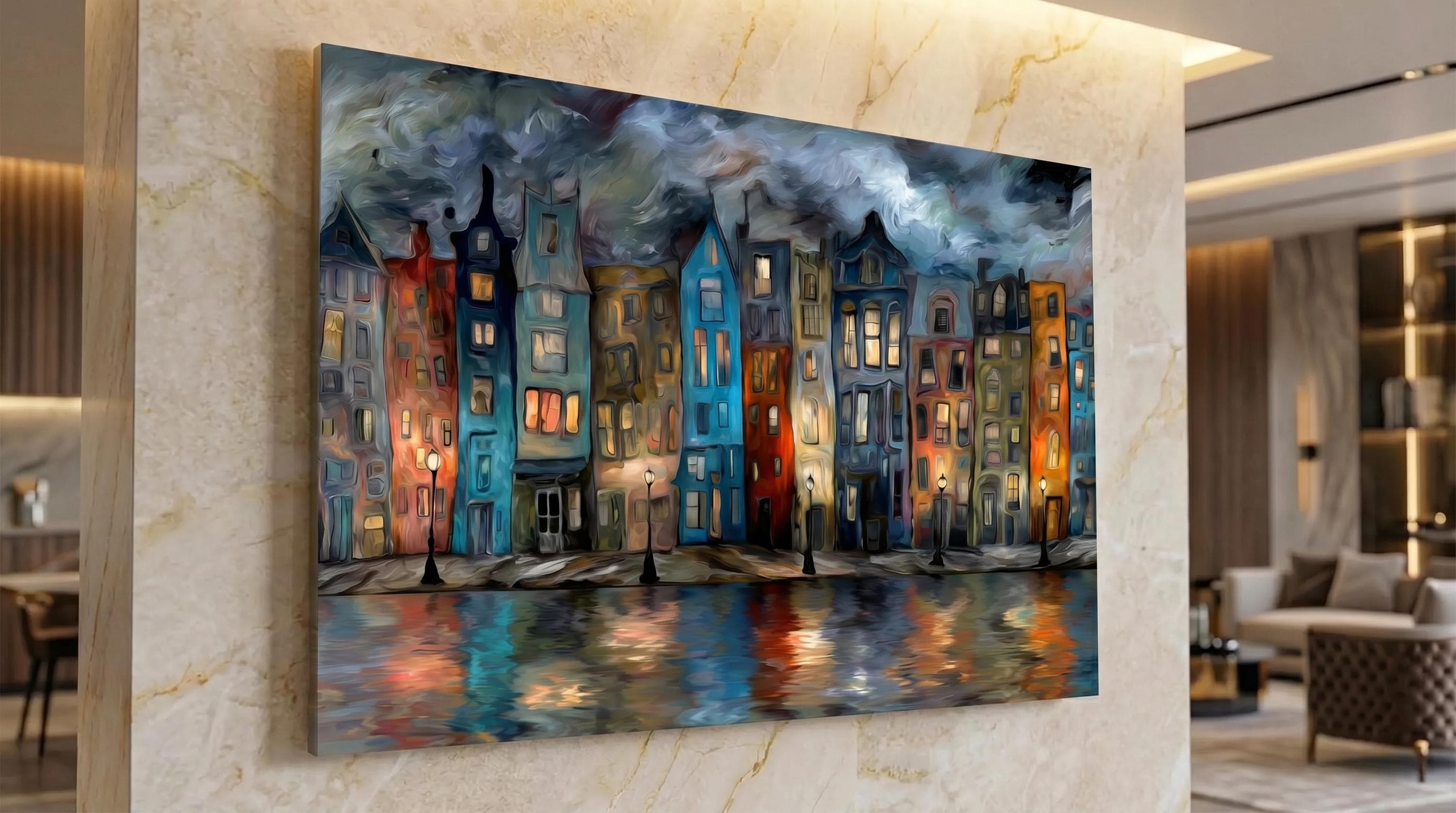 Crystal AcrylGlass Canal Cityscape: Moody Blue Impasto Oil Paint Effect Wall Art