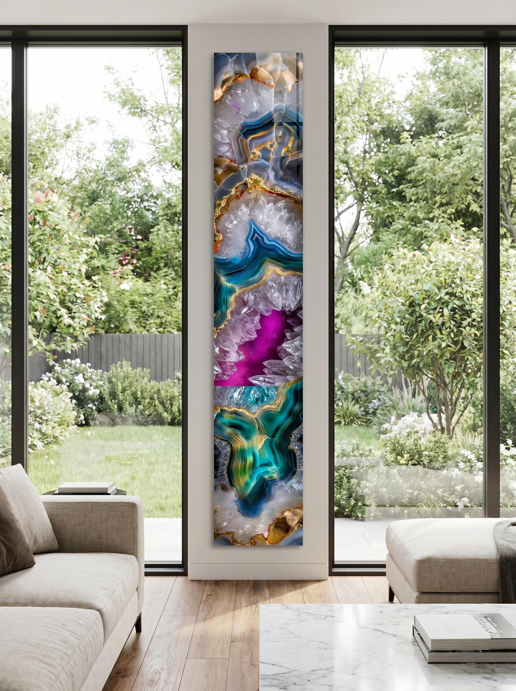 Golden Rift Crystal AcrylGlass Wall Art: Emerald Geode Panoramic Luxe Panel