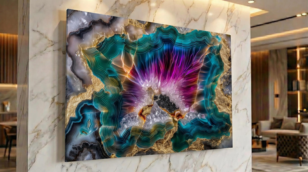 Neon Aura Acrylic Glass Wall Art: Magenta Teal & Gold Crystal Mosaic