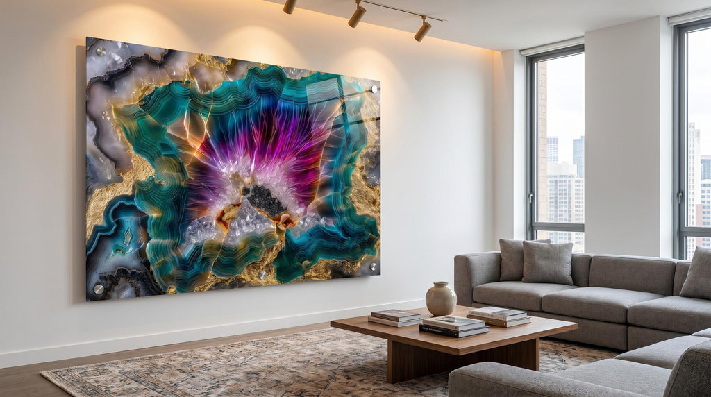 Neon Aura Acrylic Glass Wall Art: Magenta Teal & Gold Crystal Mosaic