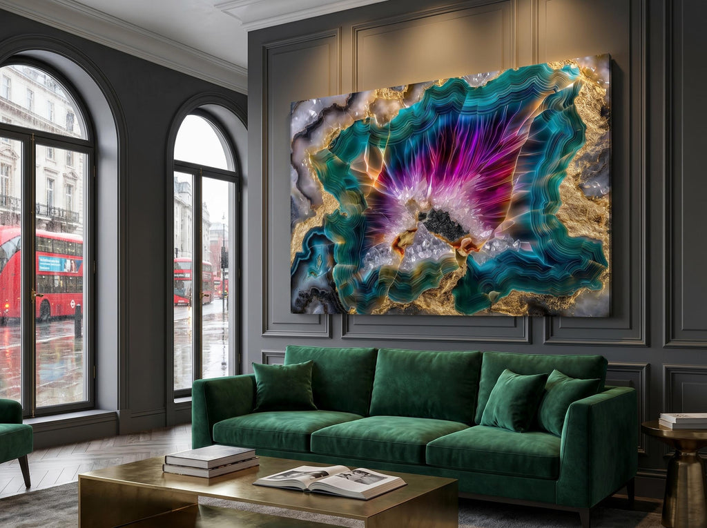 Neon Aura Acrylic Glass Wall Art: Magenta Teal & Gold Crystal Mosaic