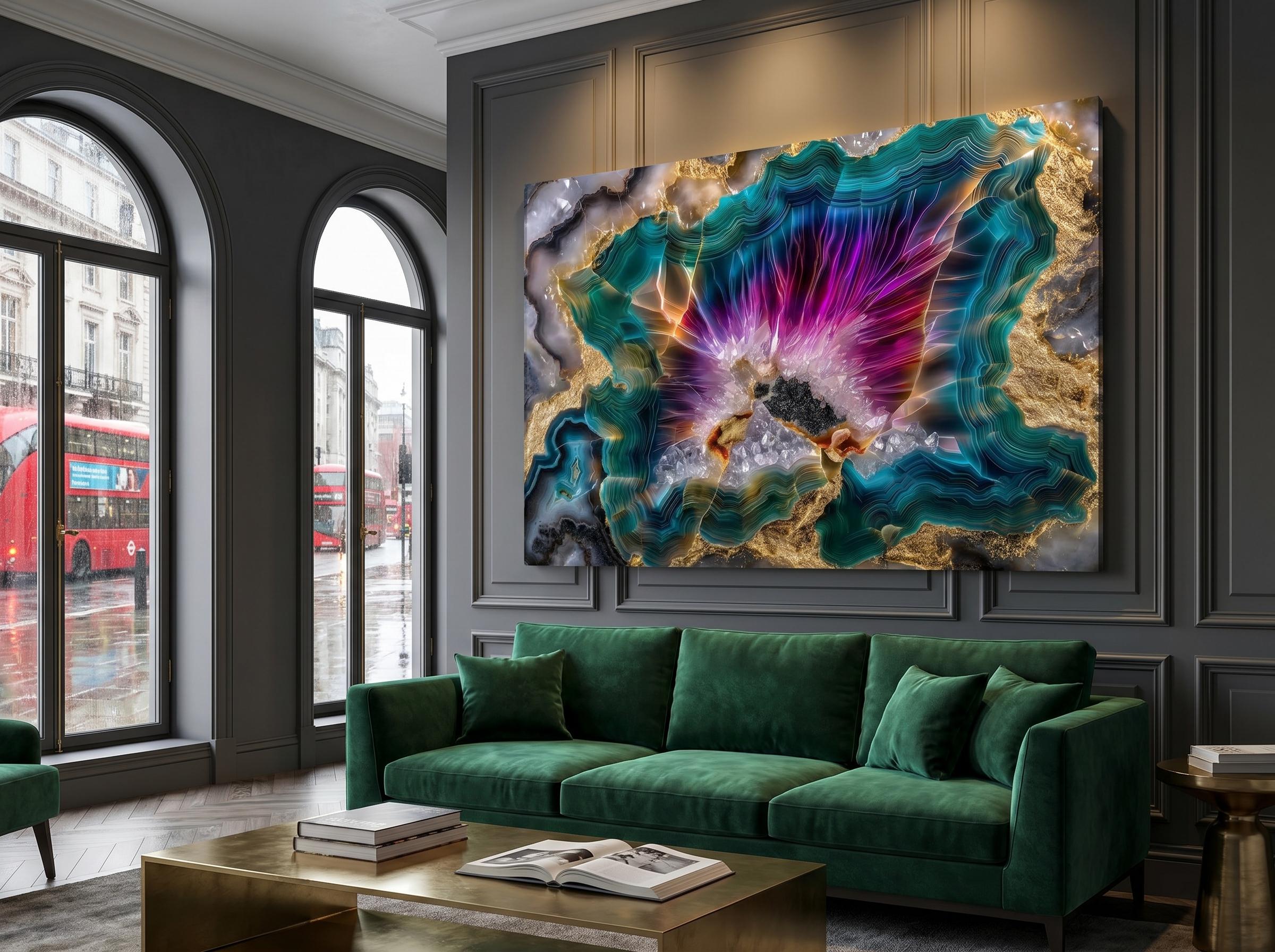 Neon Aura Acrylic Glass Wall Art: Magenta Teal & Gold Crystal Mosaic