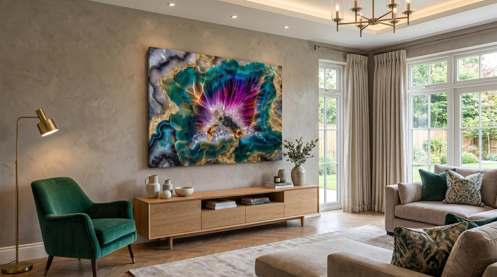 Neon Aura Acrylic Glass Wall Art: Magenta Teal & Gold Crystal Mosaic