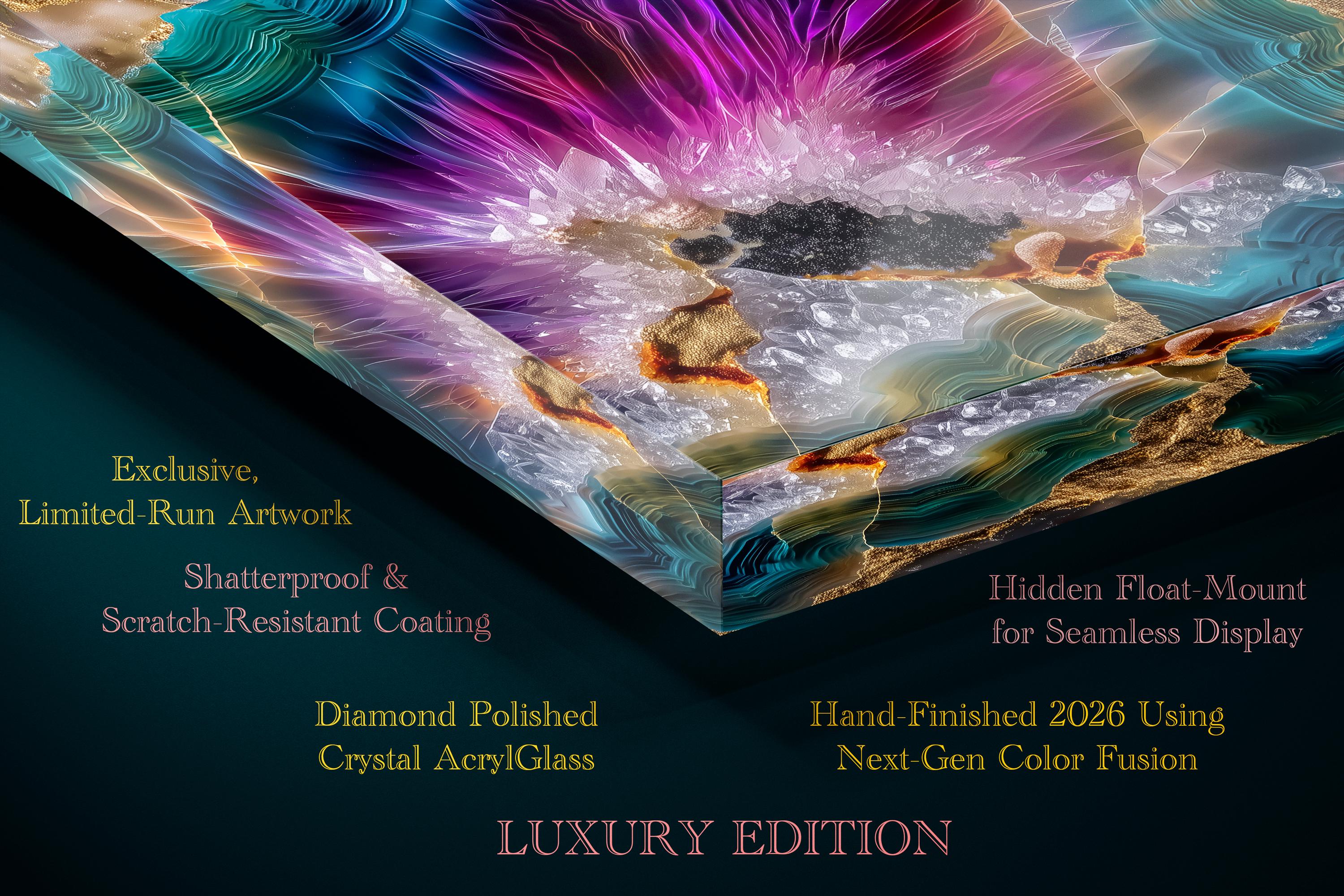 Neon Aura Acrylic Glass Wall Art: Magenta Teal & Gold Crystal Mosaic