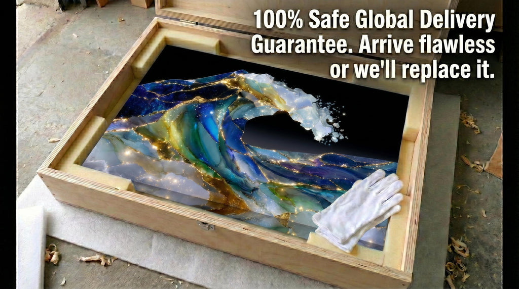 Bioluminescent Ocean Wave Crystal AcrylGlass Art, Kintsugi Coastal Decor, Modern Wall Art