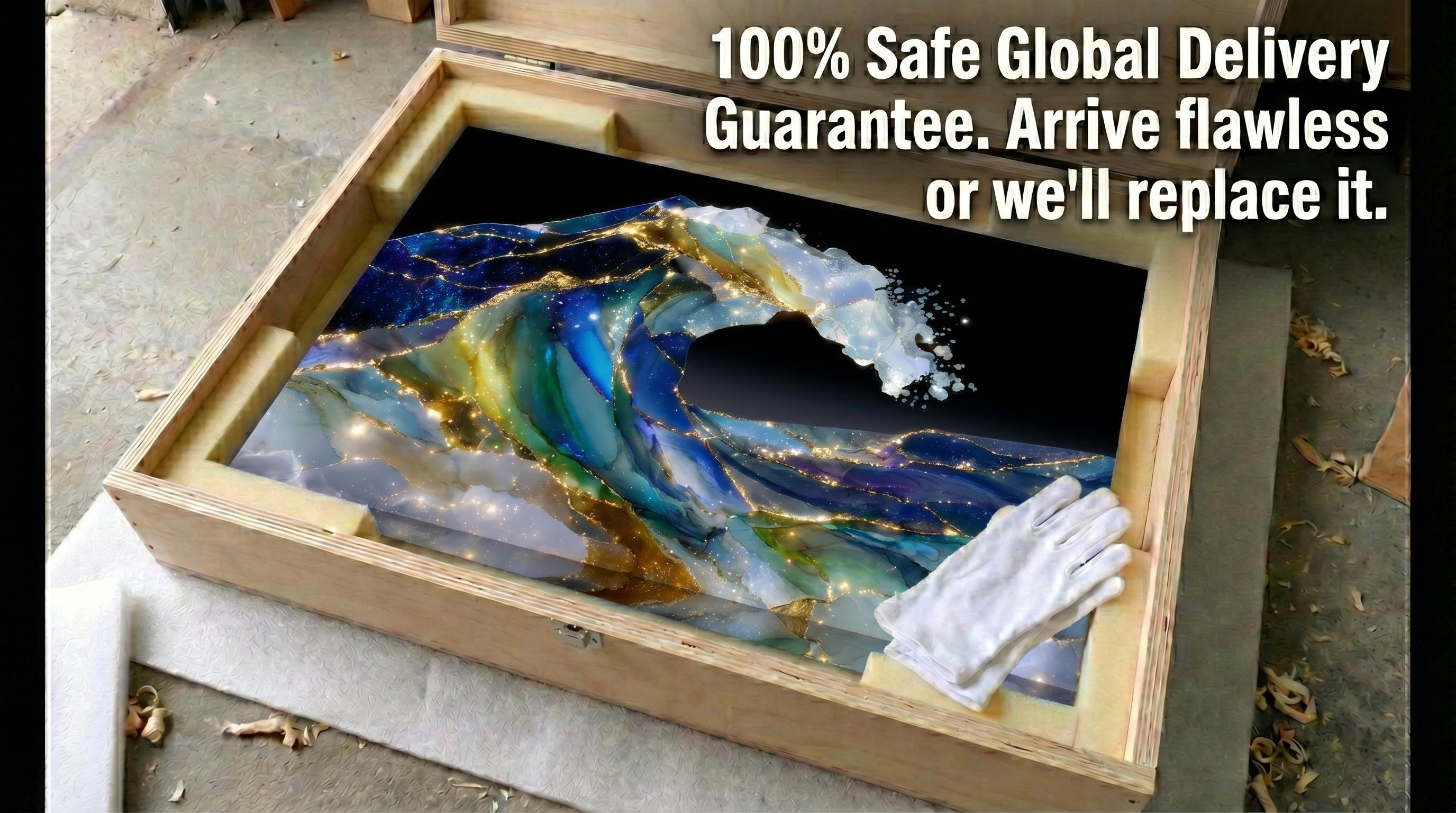Bioluminescent Ocean Wave Crystal AcrylGlass Art, Kintsugi Coastal Decor, Modern Wall Art
