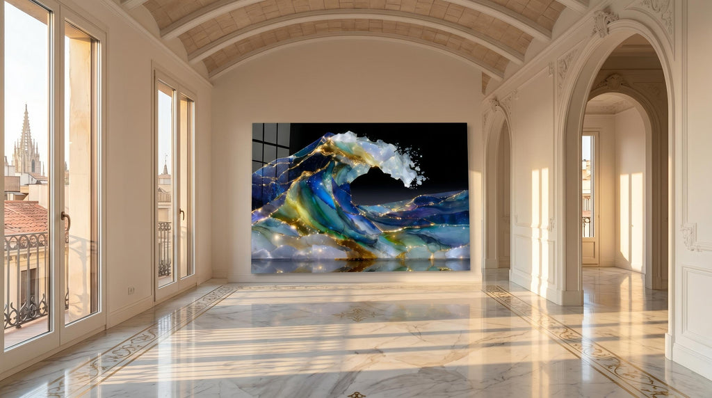 Bioluminescent Ocean Wave Crystal AcrylGlass Art, Kintsugi Coastal Decor, Modern Wall Art