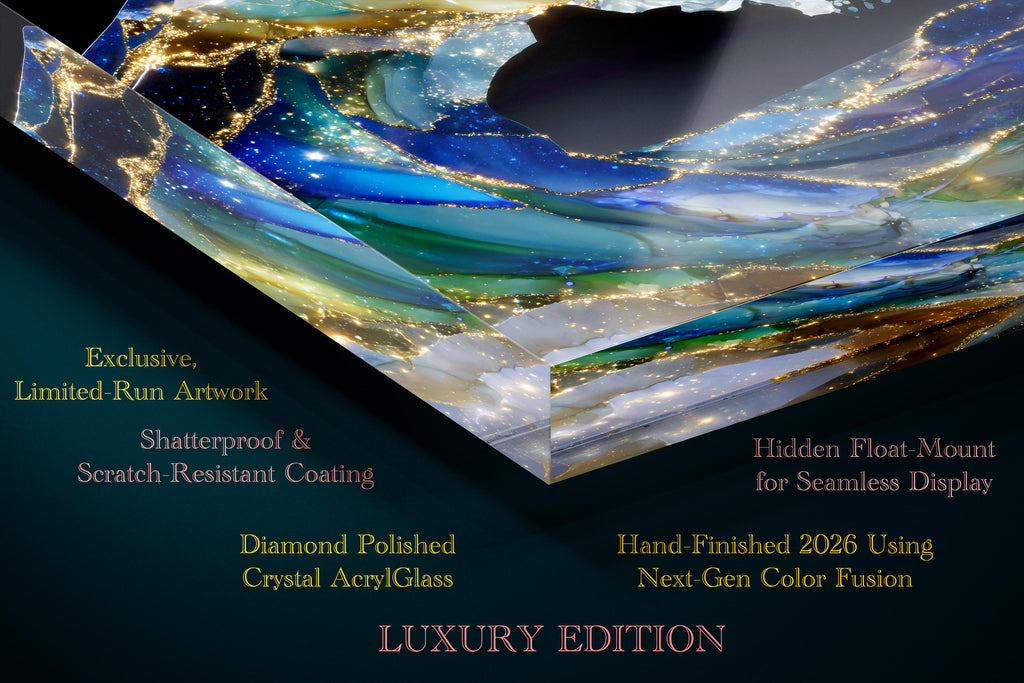 Bioluminescent Ocean Wave Crystal AcrylGlass Art, Kintsugi Coastal Decor, Modern Wall Art