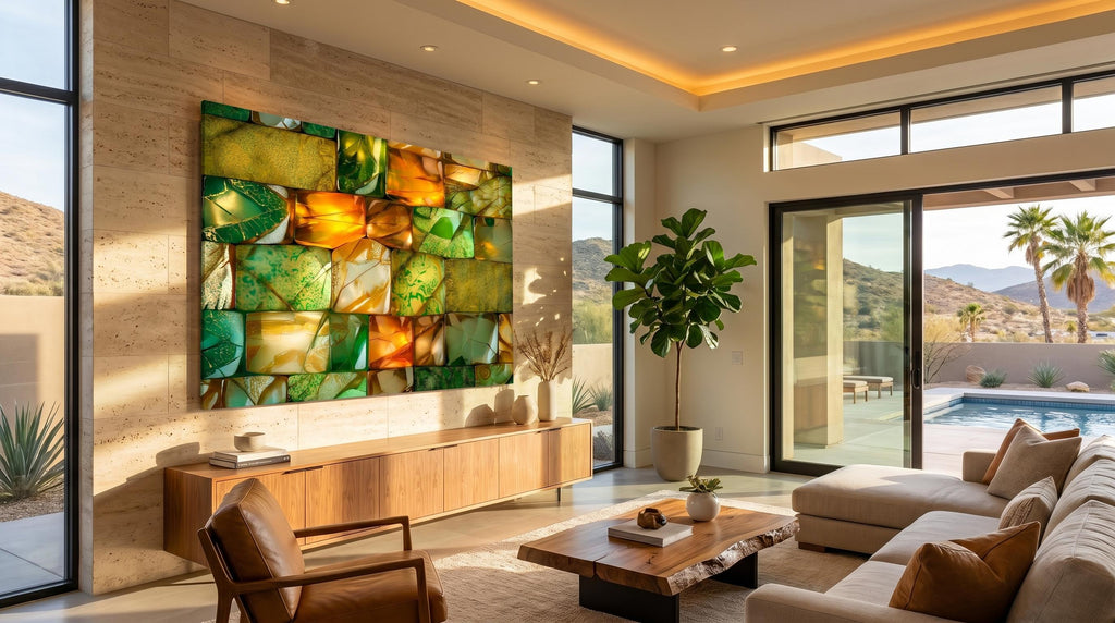 Verdant Ember Mosaic Crystal AcrylGlass Wall Art: Emerald Gold Luxe Panel Decor
