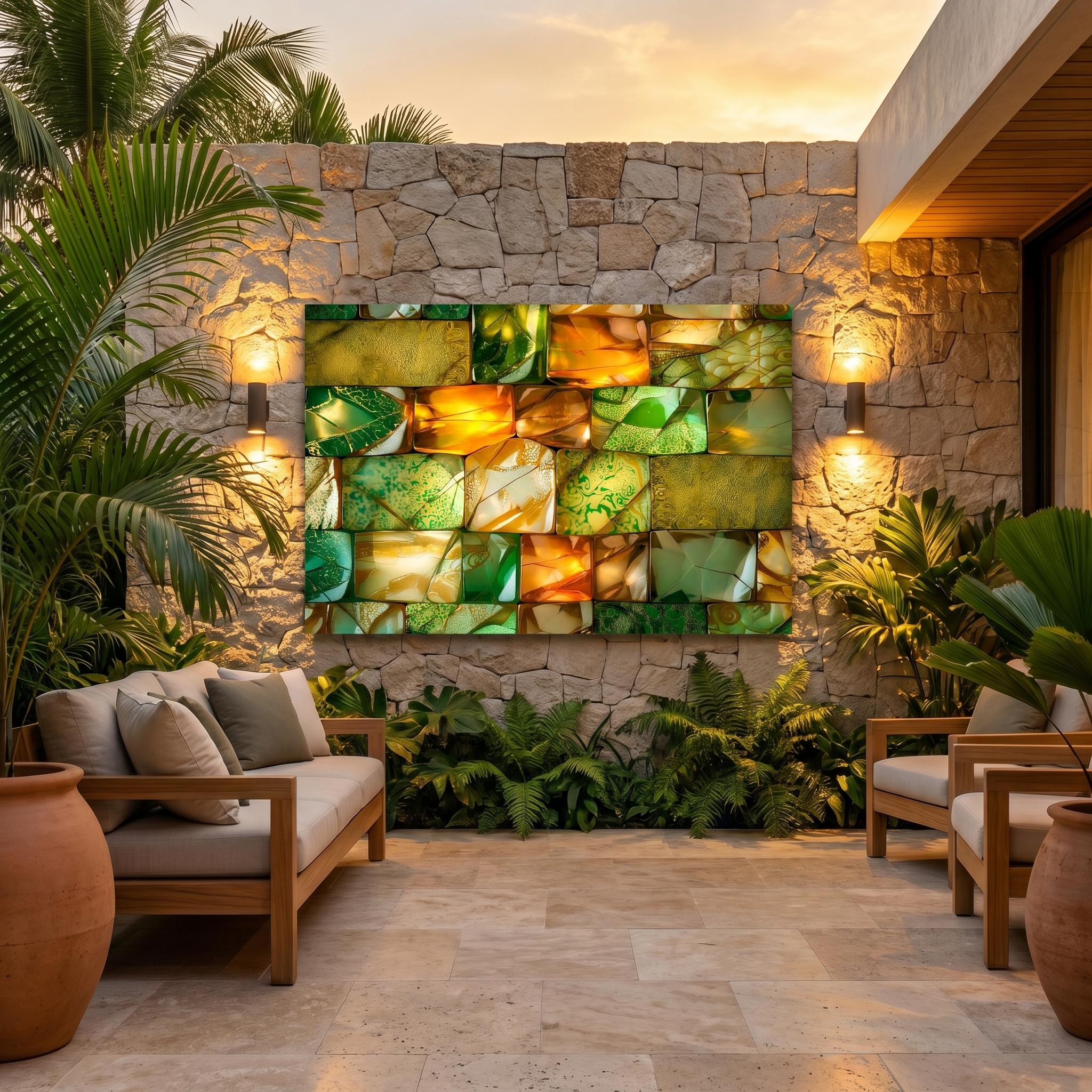 Verdant Ember Mosaic Crystal AcrylGlass Wall Art: Emerald Gold Luxe Panel Decor