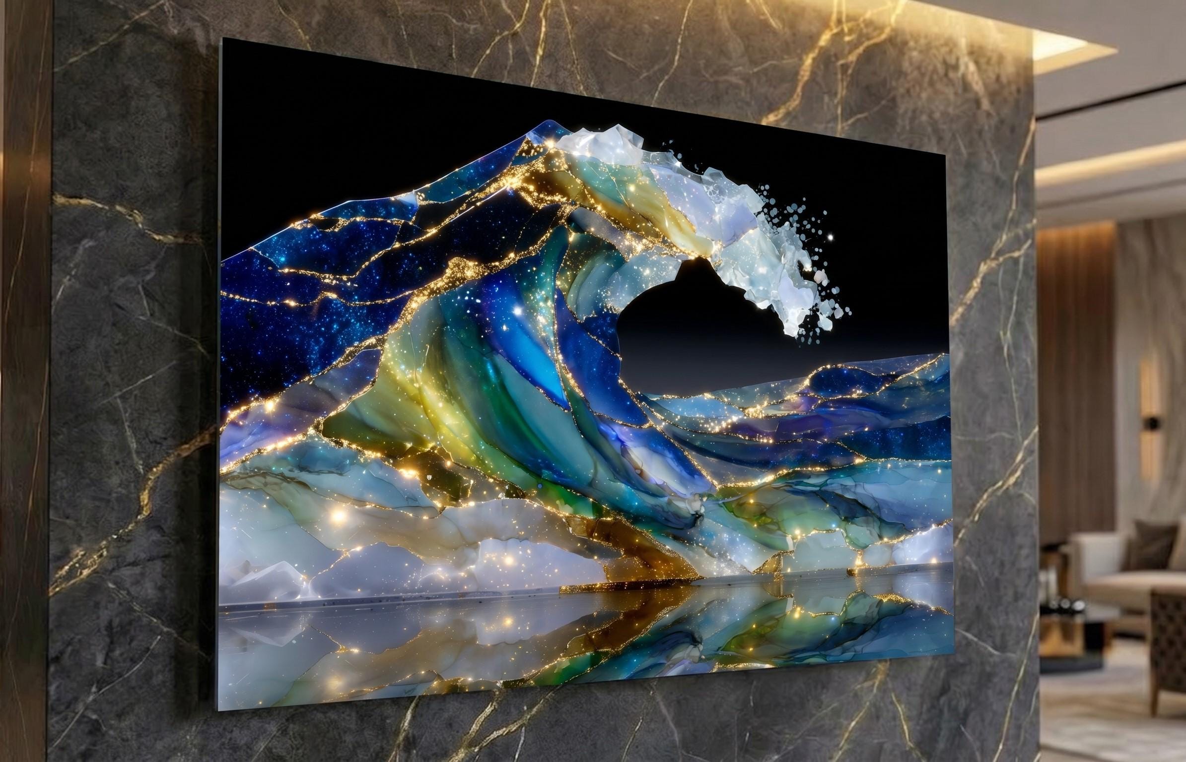 Bioluminescent Ocean Wave Crystal AcrylGlass Art, Kintsugi Coastal Decor, Modern Wall Art