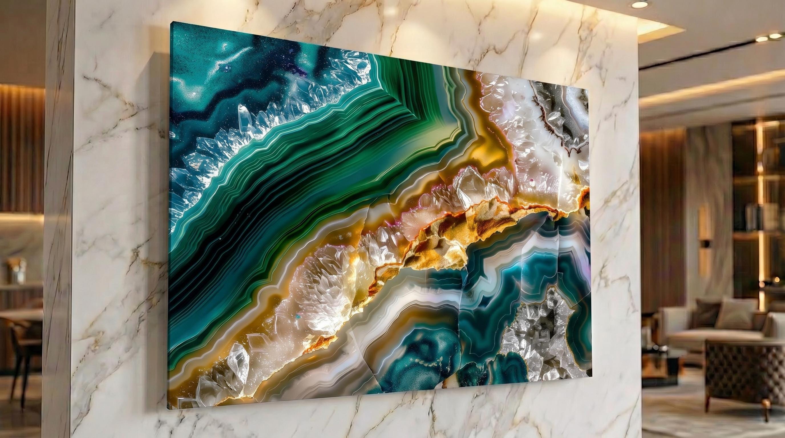 Emerald Abyss Acrylic Glass Wall Art: Deep Teal & Gold Agate Geode