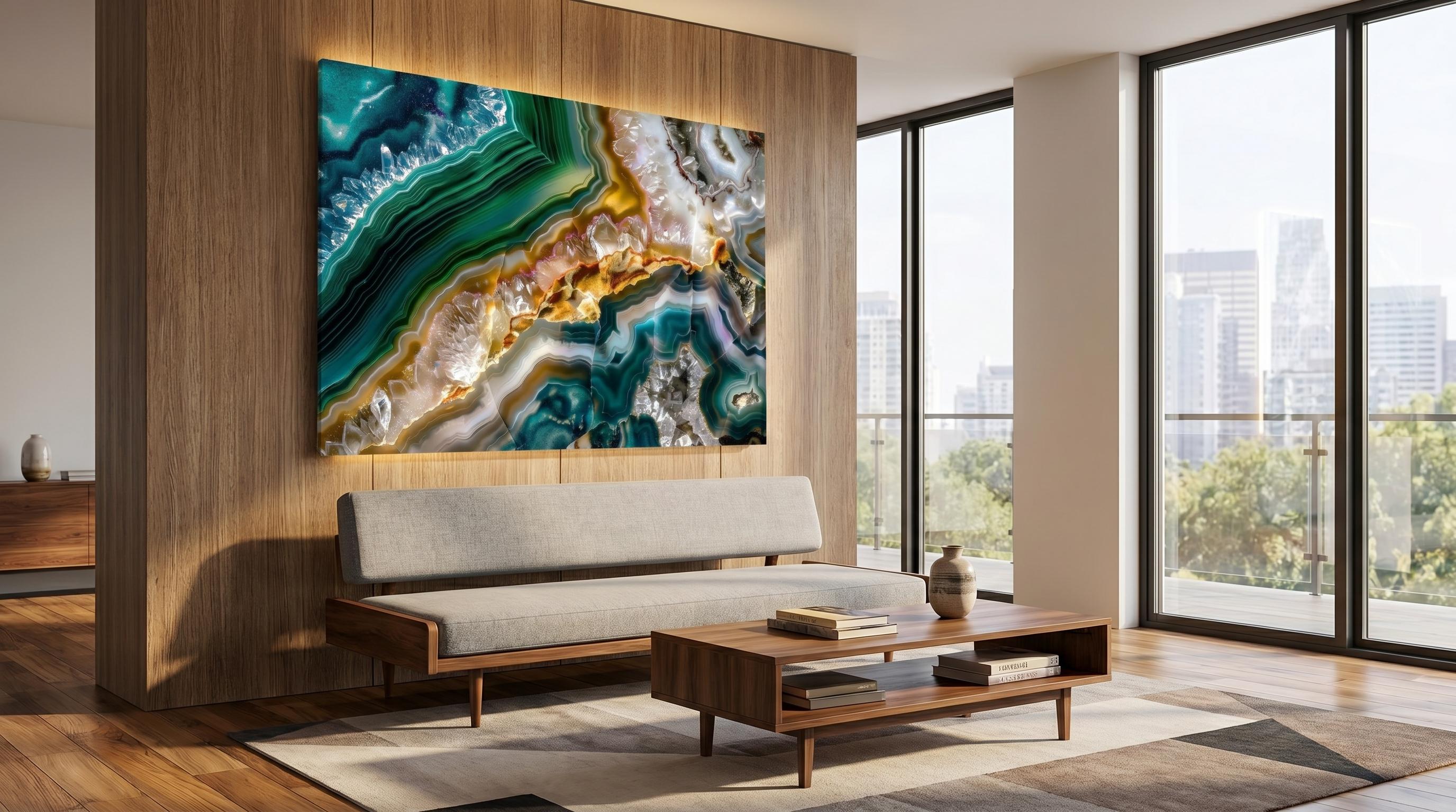 Emerald Abyss Acrylic Glass Wall Art: Deep Teal & Gold Agate Geode
