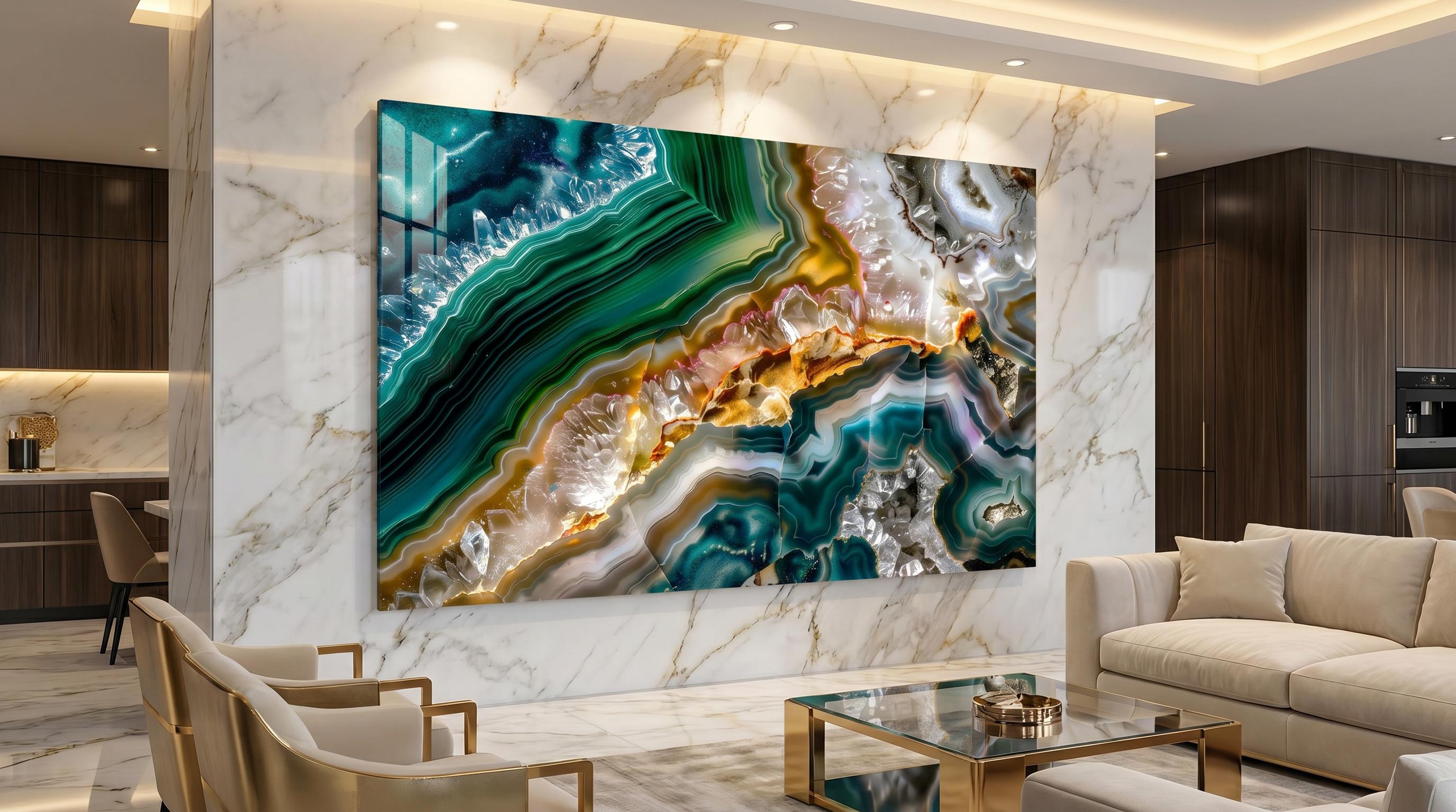 Emerald Abyss Acrylic Glass Wall Art: Deep Teal & Gold Agate Geode