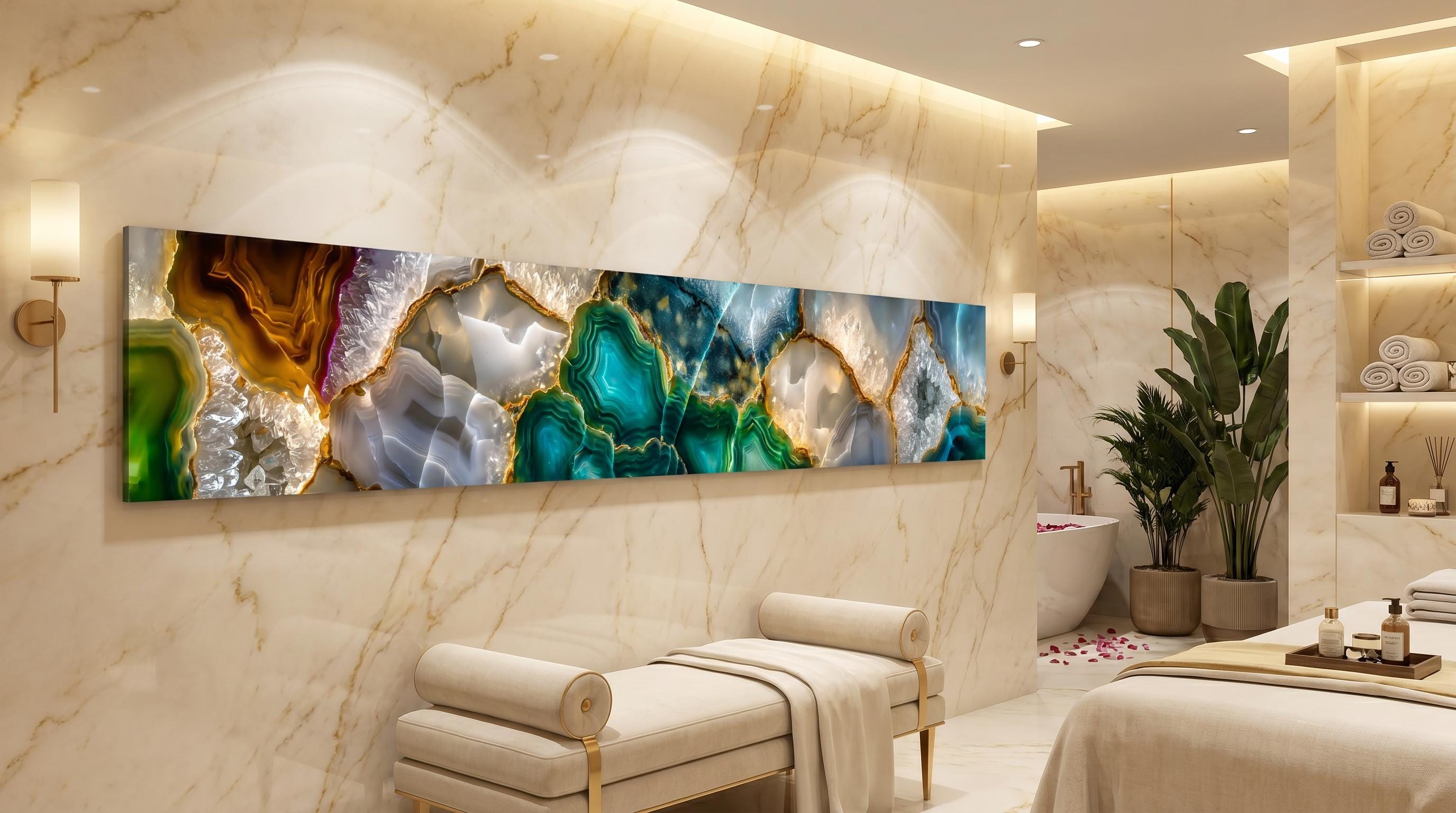 Golden Rift Crystal AcrylGlass Wall Art: Emerald Geode Panoramic Luxe Panel