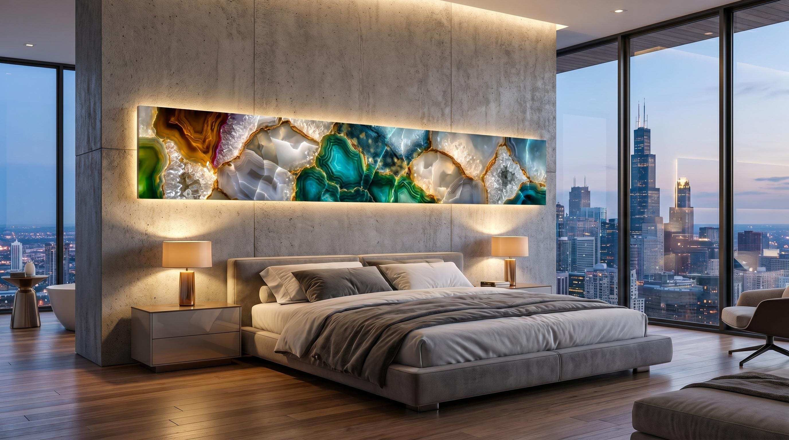 Golden Rift Crystal AcrylGlass Wall Art: Emerald Geode Panoramic Luxe Panel