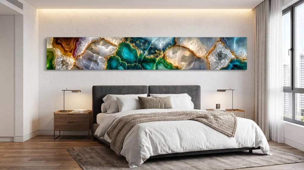 Golden Rift Crystal AcrylGlass Wall Art: Emerald Geode Panoramic Luxe Panel