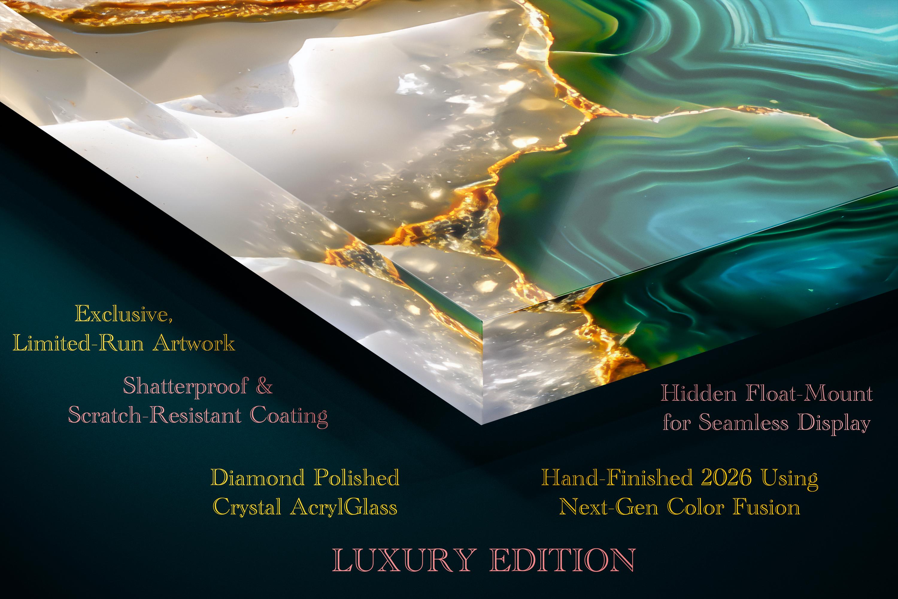 Golden Rift Crystal AcrylGlass Wall Art: Emerald Geode Panoramic Luxe Panel