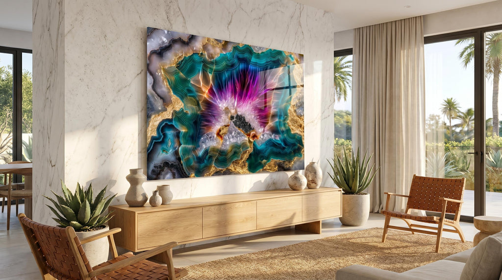 Neon Aura Acrylic Glass Wall Art: Magenta Teal & Gold Crystal Mosaic