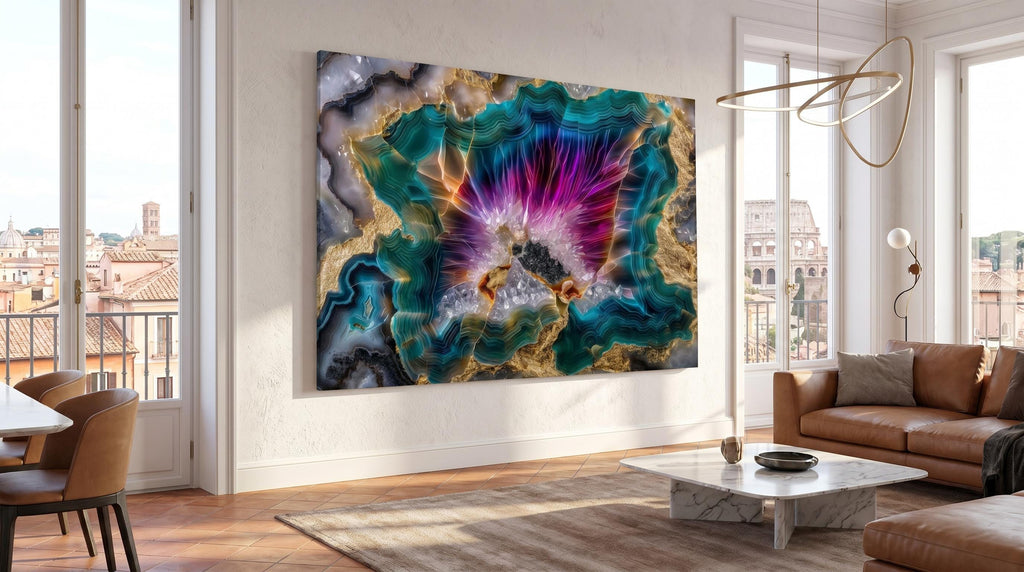 Neon Aura Acrylic Glass Wall Art: Magenta Teal & Gold Crystal Mosaic