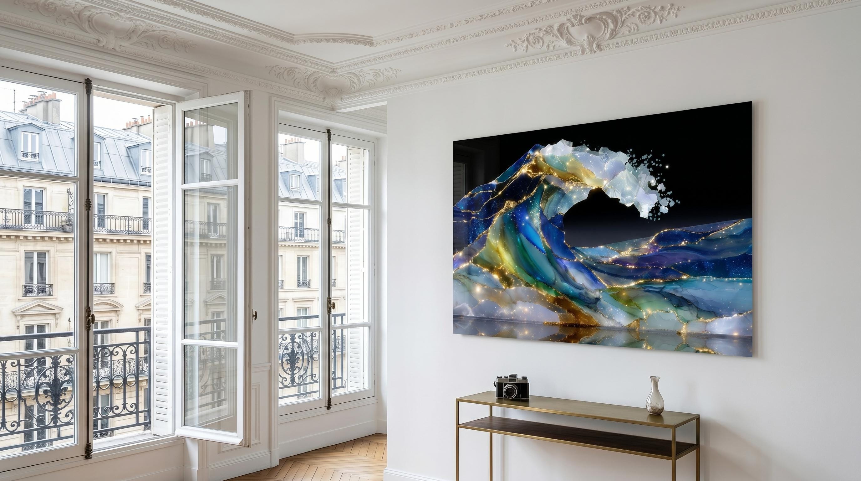 Bioluminescent Ocean Wave Crystal AcrylGlass Art, Kintsugi Coastal Decor, Modern Wall Art
