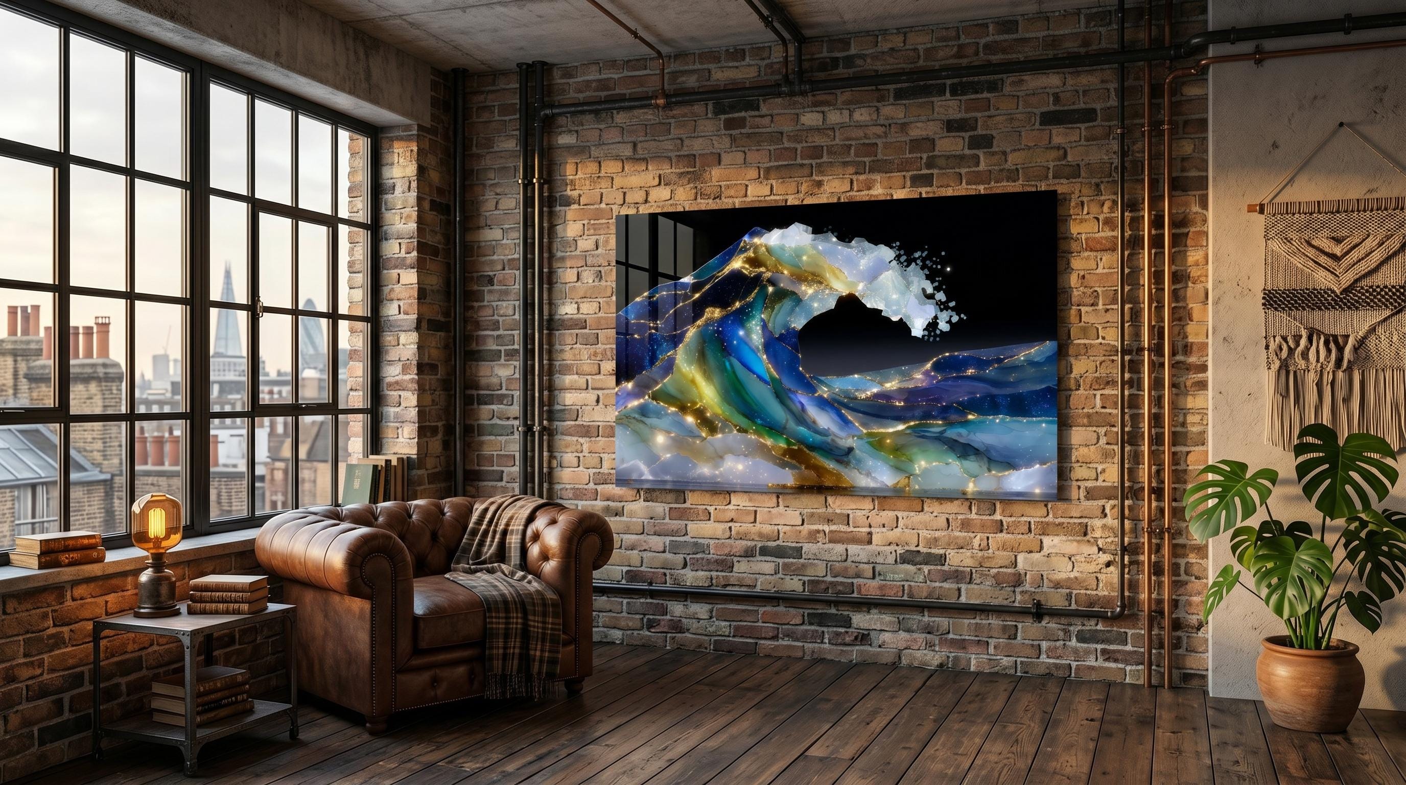 Bioluminescent Ocean Wave Crystal AcrylGlass Art, Kintsugi Coastal Decor, Modern Wall Art