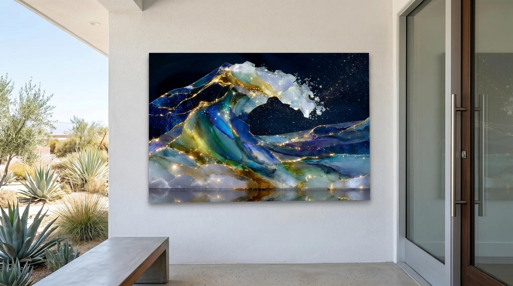 Bioluminescent Ocean Wave Crystal AcrylGlass Art, Kintsugi Coastal Decor, Modern Wall Art
