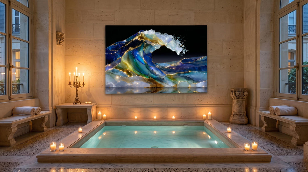 Bioluminescent Ocean Wave Crystal AcrylGlass Art, Kintsugi Coastal Decor, Modern Wall Art