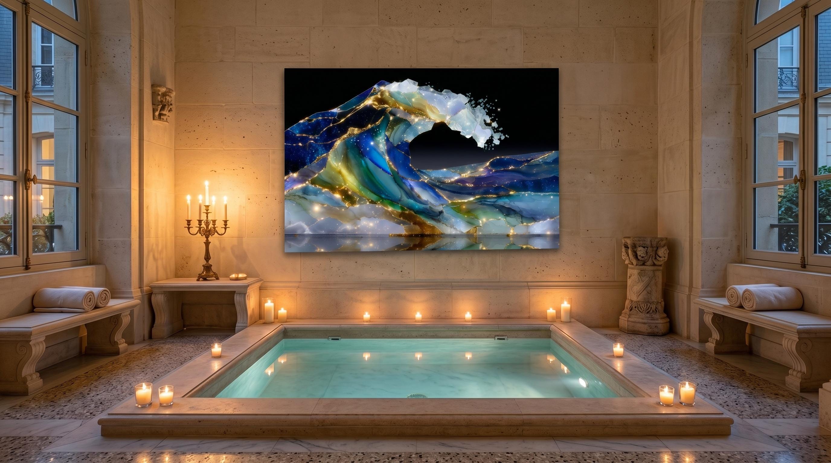 Bioluminescent Ocean Wave Crystal AcrylGlass Art, Kintsugi Coastal Decor, Modern Wall Art