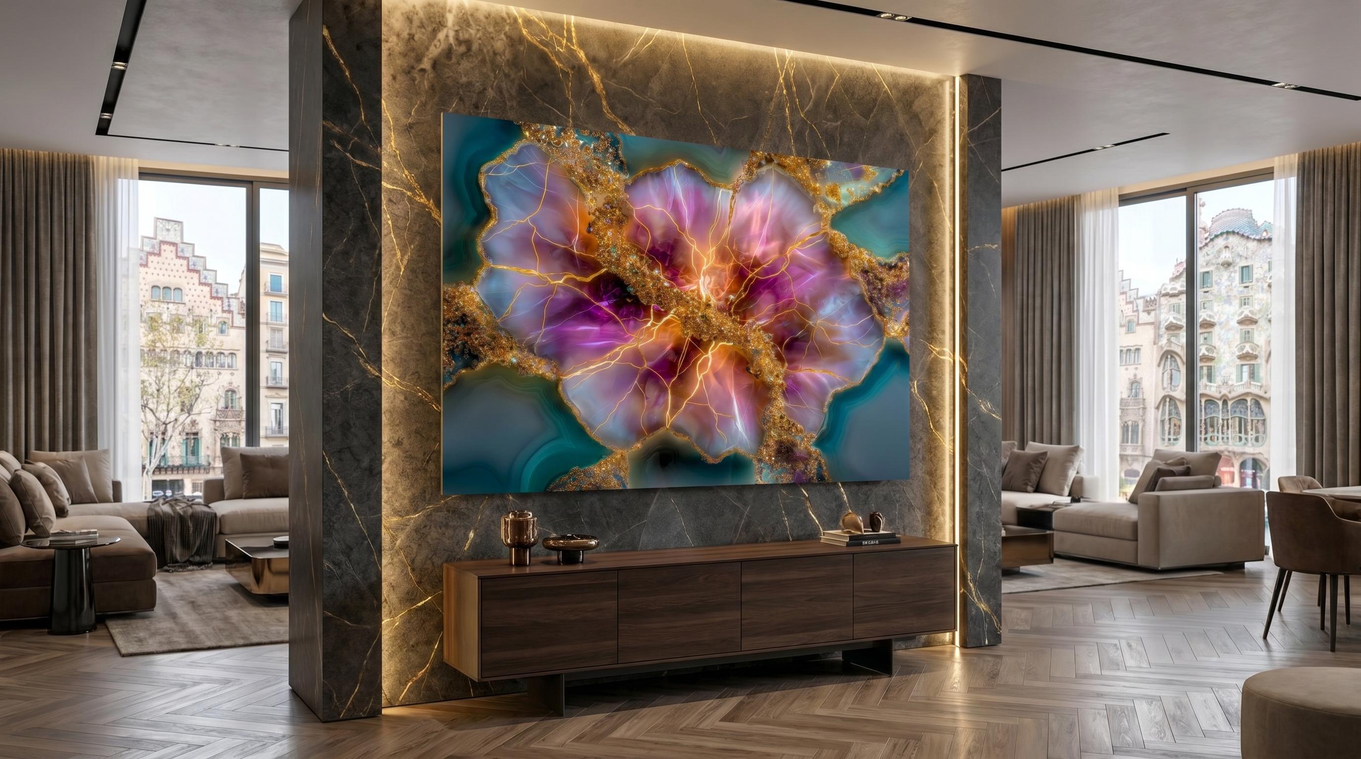 Rose Quartz Bloom & Amethyst Geode Crystal AcrylGlass Wall Art, Gold Abstract Luxury Decor