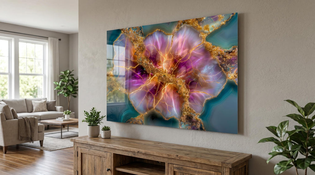 Rose Quartz Bloom & Amethyst Geode Crystal AcrylGlass Wall Art, Gold Abstract Luxury Decor