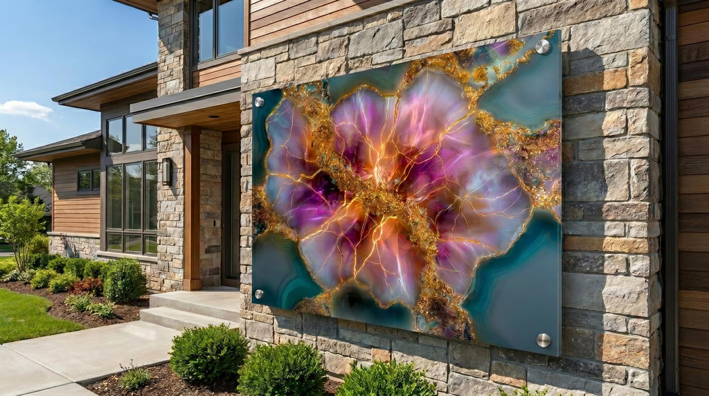 Rose Quartz Bloom & Amethyst Geode Crystal AcrylGlass Wall Art, Gold Abstract Luxury Decor