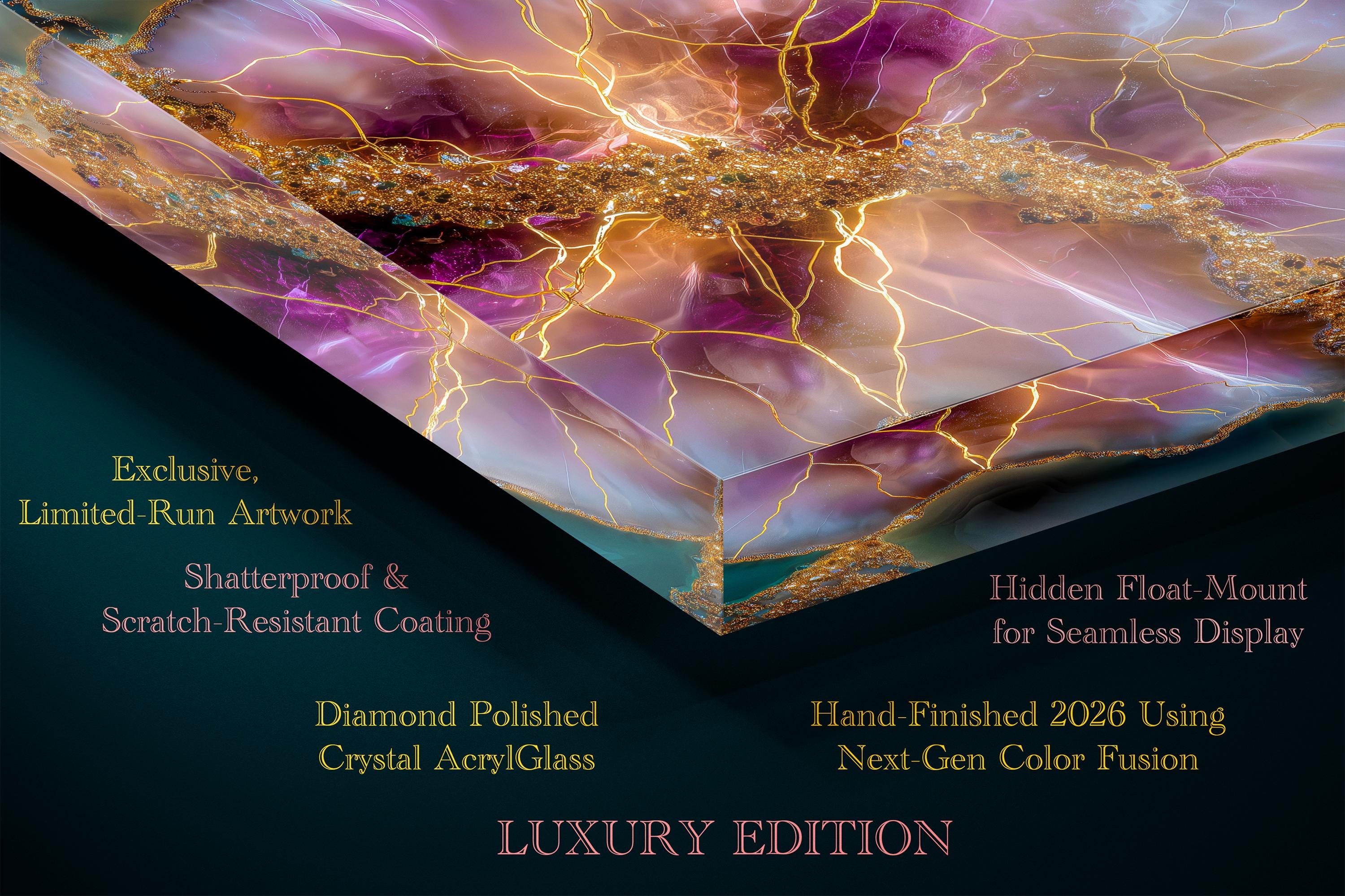 Rose Quartz Bloom & Amethyst Geode Crystal AcrylGlass Wall Art, Gold Abstract Luxury Decor