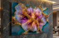 Rose Quartz Bloom & Amethyst Geode Crystal AcrylGlass Wall Art, Gold Abstract Luxury Decor