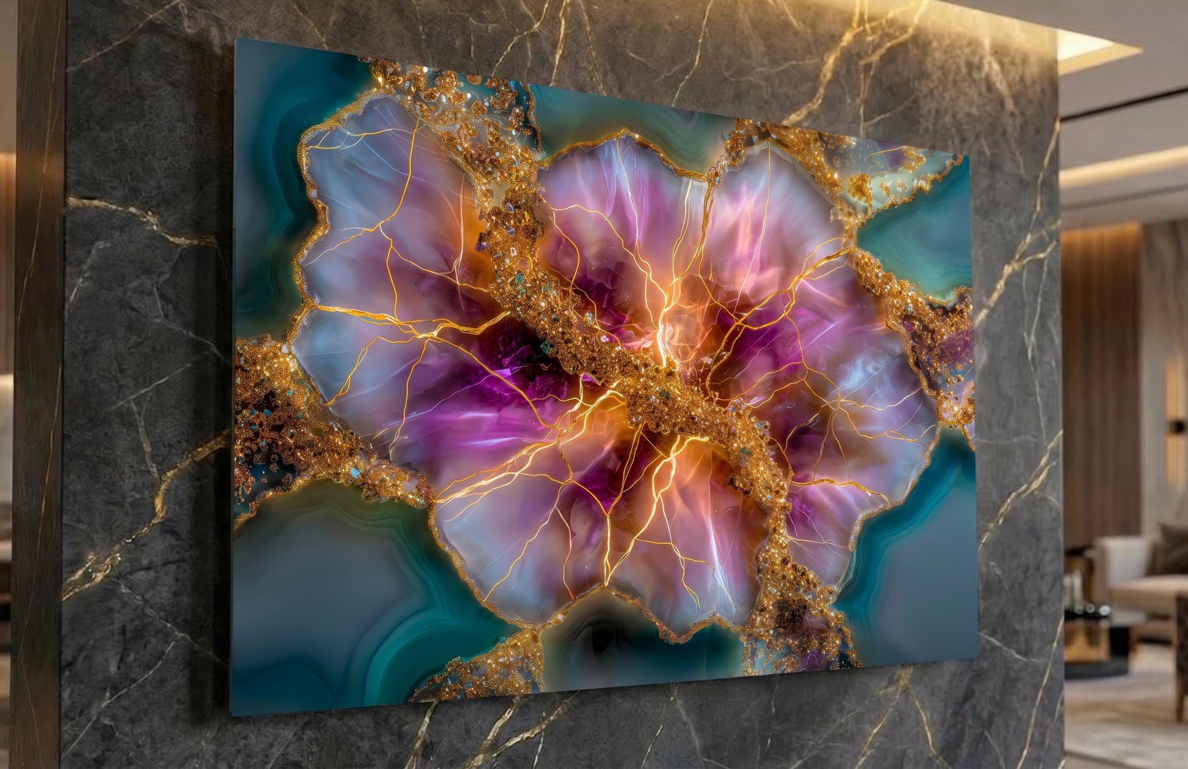 Rose Quartz Bloom & Amethyst Geode Crystal AcrylGlass Wall Art, Gold Abstract Luxury Decor