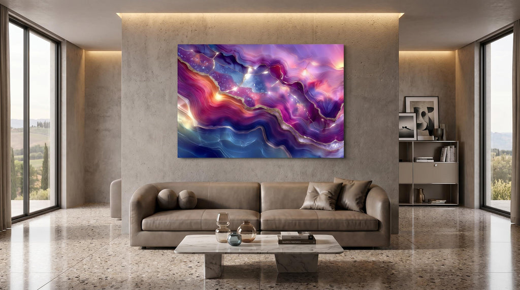 Violet Aurora Meridian Crystal AcrylGlass Wall Art, Purple Amethyst Abstract, Luxury 3D Glossy Panel