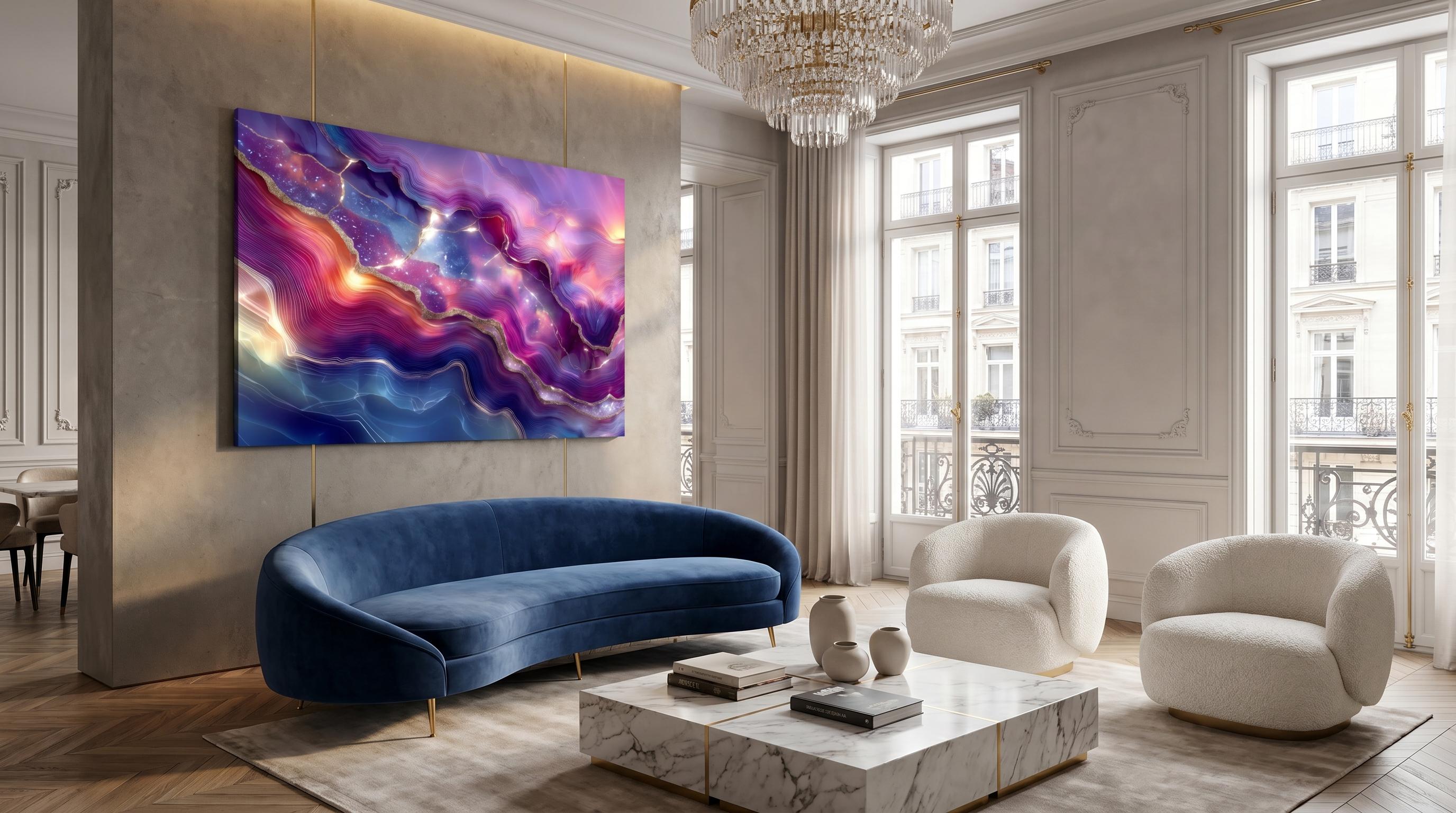 Violet Aurora Meridian Crystal AcrylGlass Wall Art, Purple Amethyst Abstract, Luxury 3D Glossy Panel