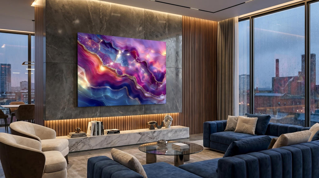Violet Aurora Meridian Crystal AcrylGlass Wall Art, Purple Amethyst Abstract, Luxury 3D Glossy Panel