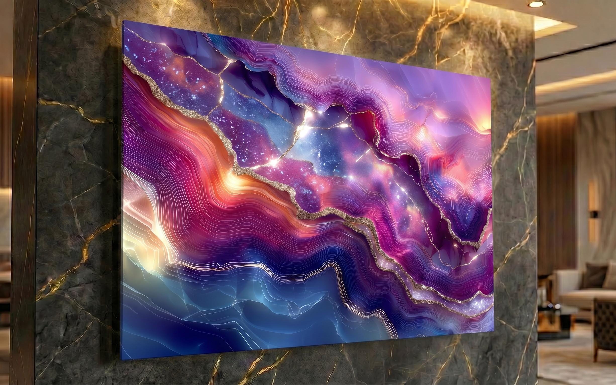 Violet Aurora Meridian Crystal AcrylGlass Wall Art, Purple Amethyst Abstract, Luxury 3D Glossy Panel