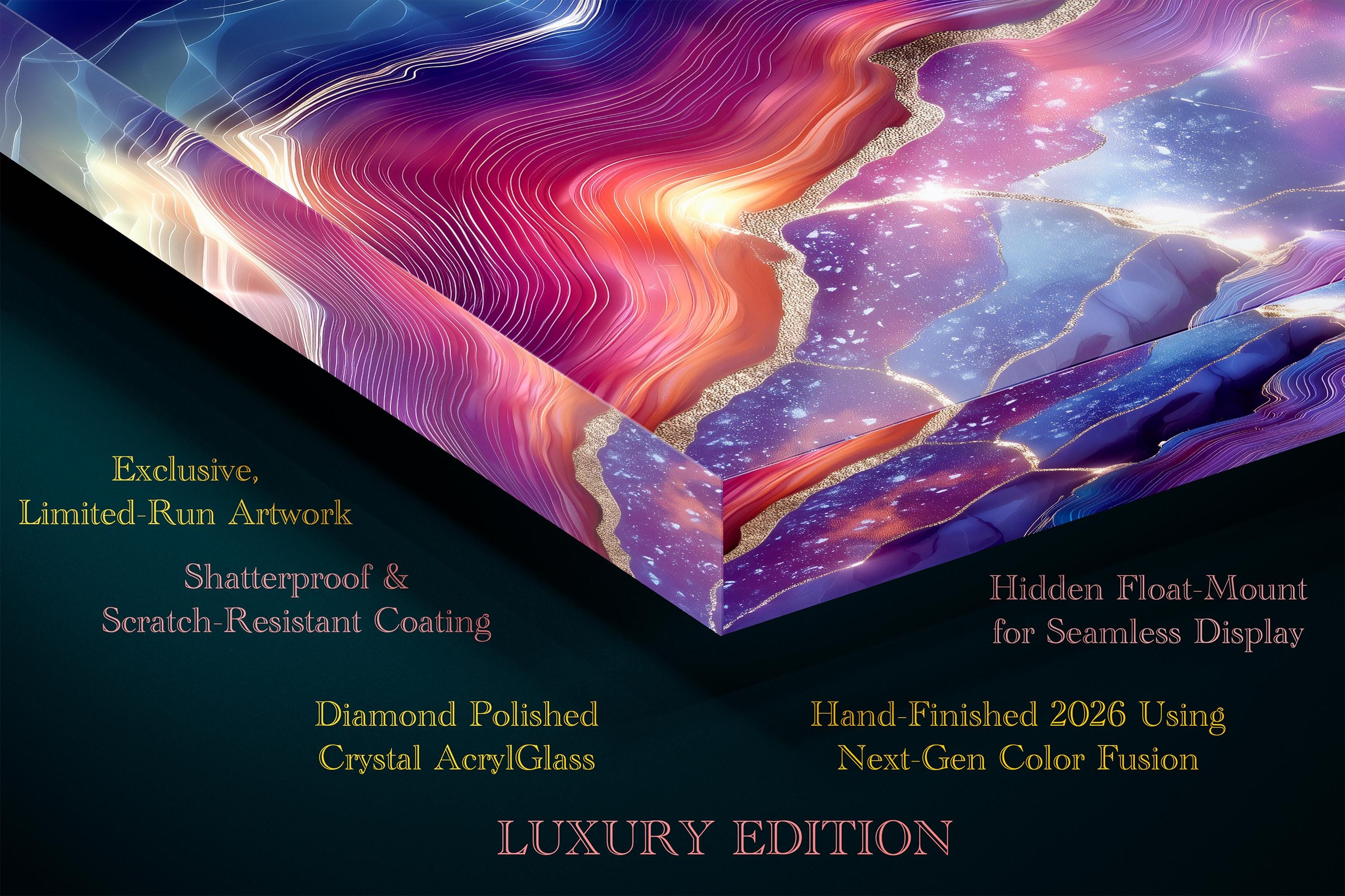 Violet Aurora Meridian Crystal AcrylGlass Wall Art, Purple Amethyst Abstract, Luxury 3D Glossy Panel