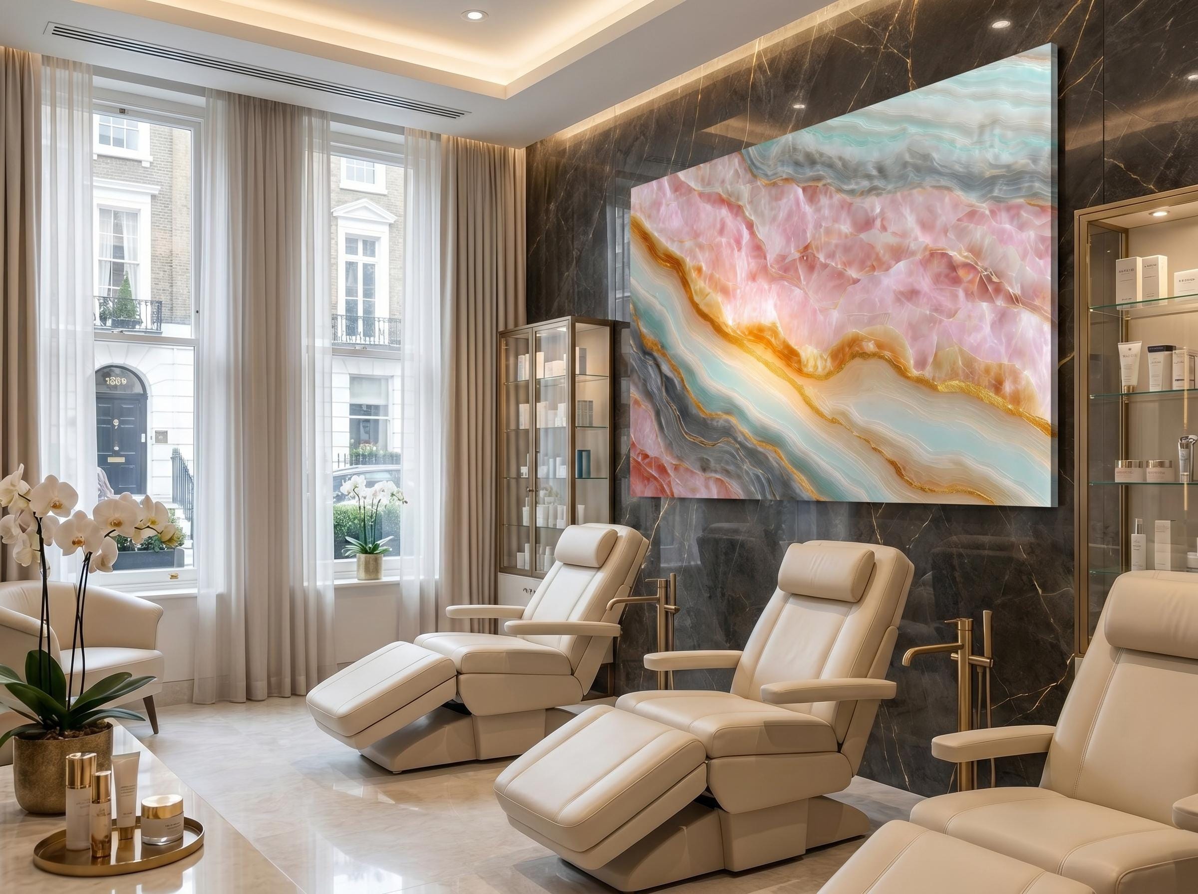 Blush Aqua Meridian Crystal AcrylGlass Wall Art, MedSpa and Beauty Clinic Decor