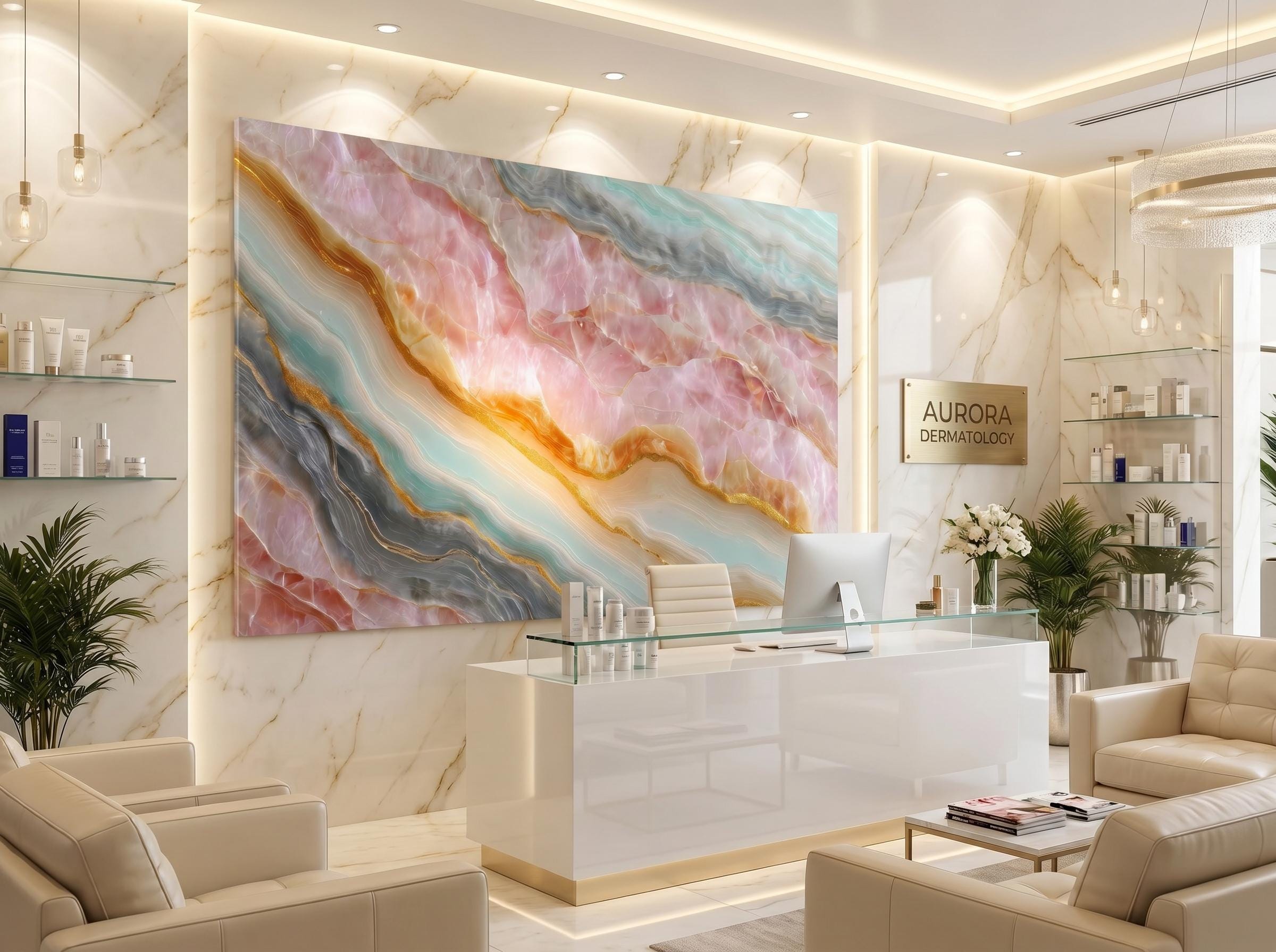 Blush Aqua Meridian Crystal AcrylGlass Wall Art, MedSpa and Beauty Clinic Decor