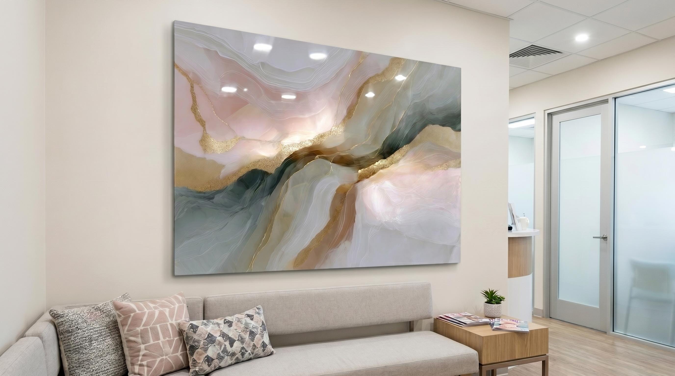 Champagne Mist Crystal AcrylGlass Wall Art, Luxury Spa and Wellness Reception Decor